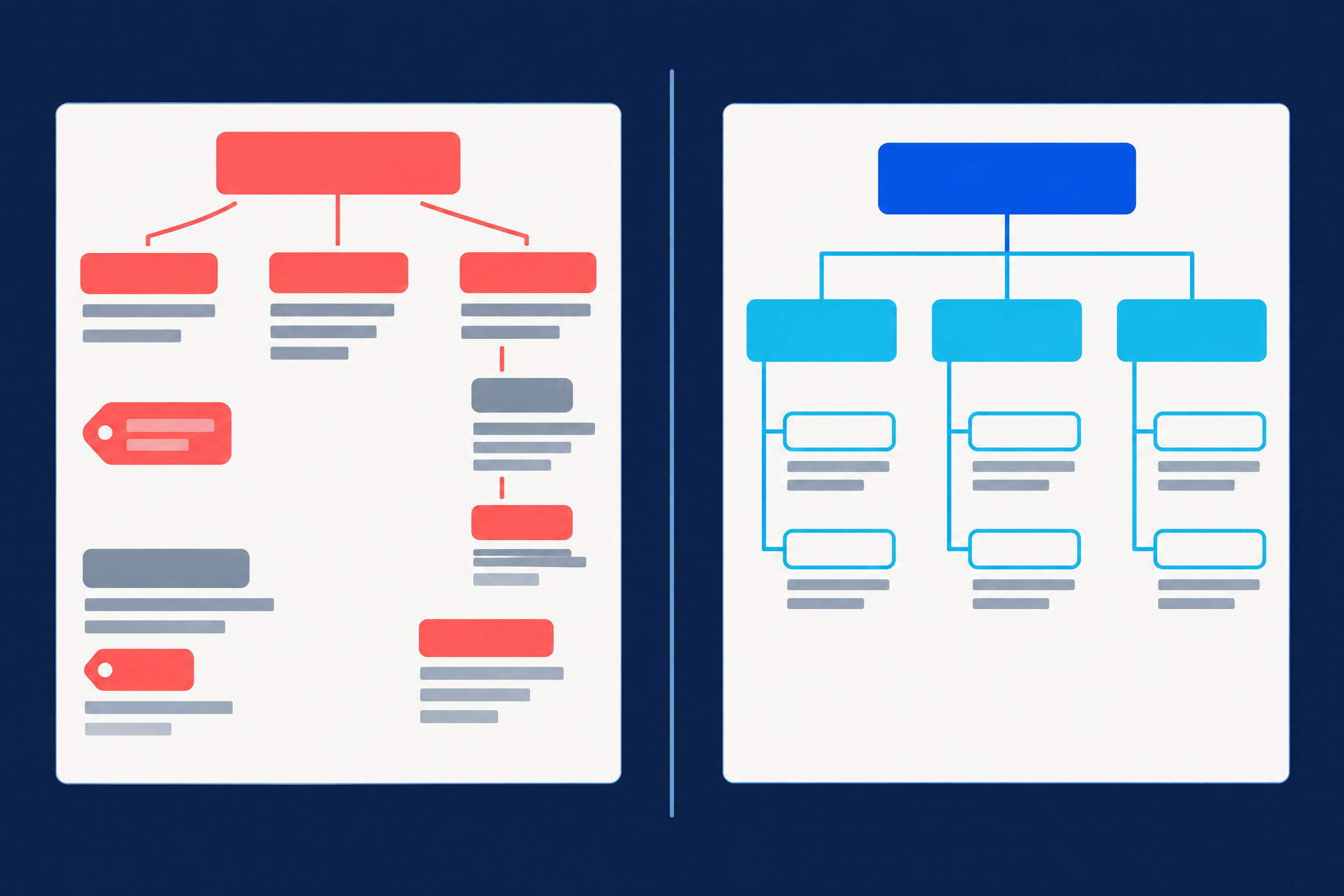 Abstract comparison of a broken document outline with competing roots and skipped levels versus a clear nested page structure.