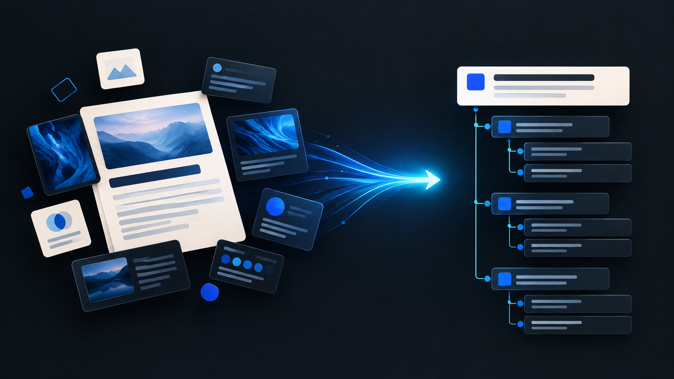 A polished web page resolving from scattered visual blocks into a clear nested content structure