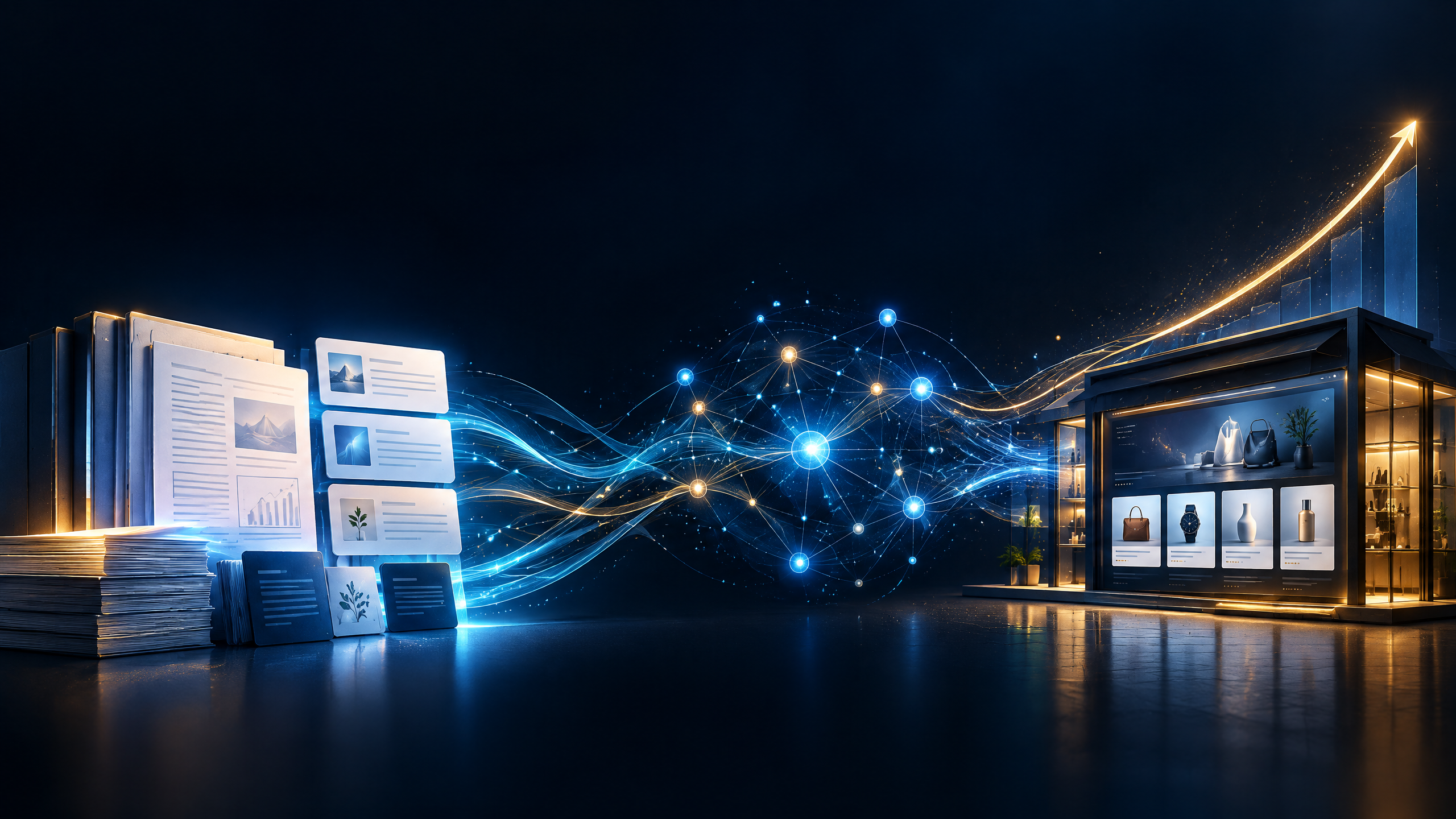 Abstract visualization of a trusted knowledge library flowing through AI systems into e-commerce demand