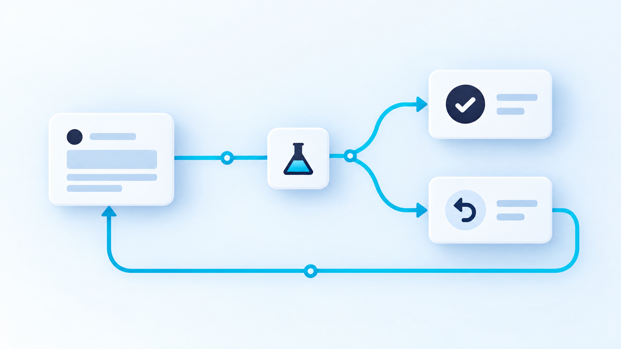 A simple decision path from a baseline website experience through a bounded feature test to either keeping the change or restoring the baseline