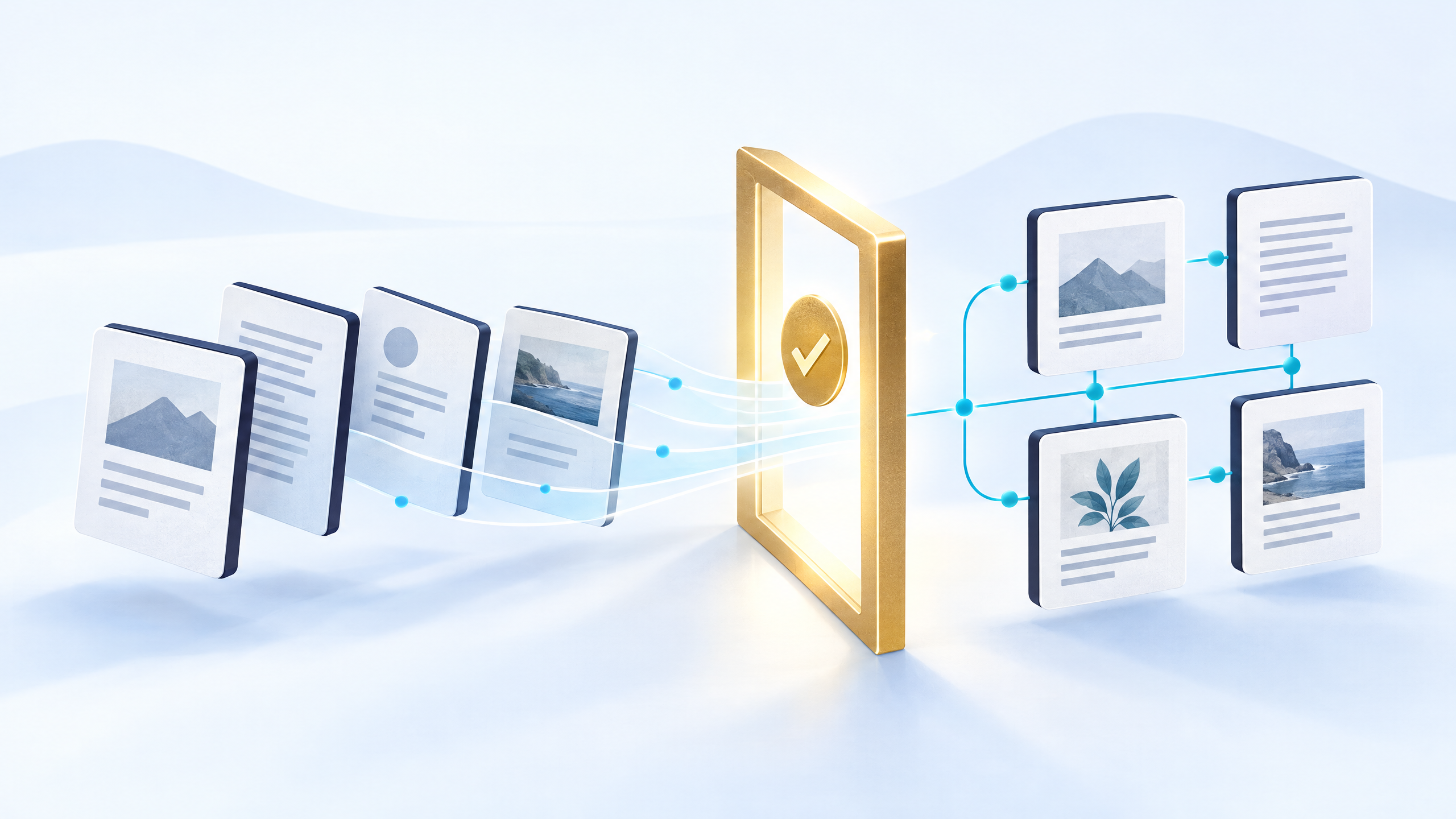 Source cards passing through a review gate before becoming organized connected knowledge.